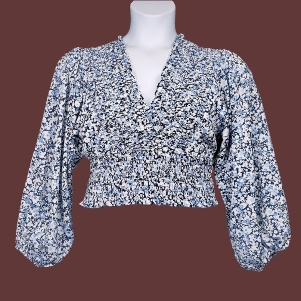 Abercrombie & Fitch Womens Balloon Sleeve Blue Smocked Floral Print Top Size M